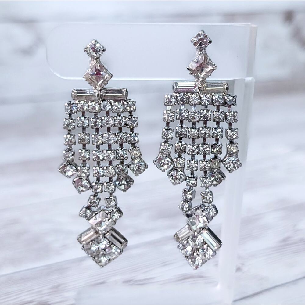 Vintage Screw On Earrings 2 & 7/8" Extra Long Clear Gem Dangle Statement Regal
